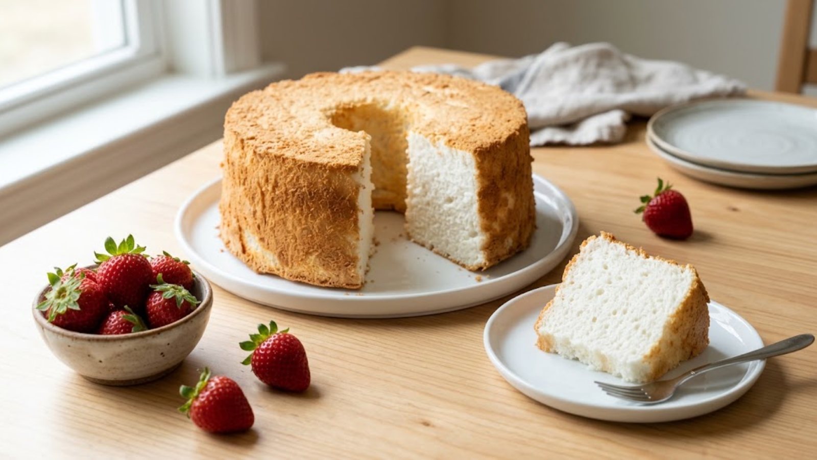 Classic homemade angel food cake with a golden top and fresh strawberries