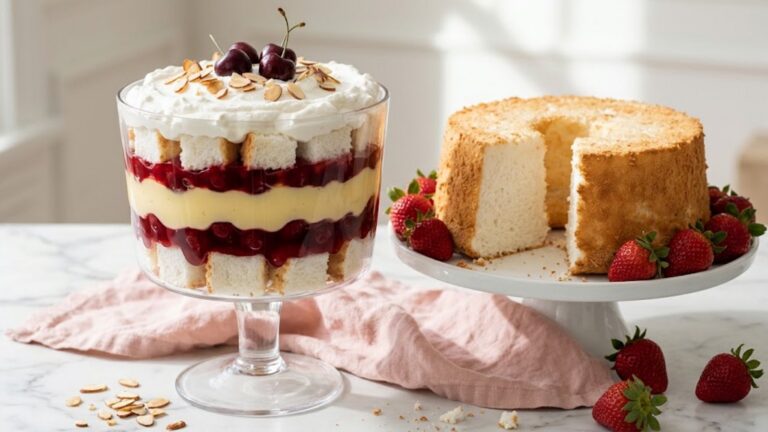 Angel food cake desserts: Heaven on Earth cake trifle with cherry filling and an angel food cake on a stand