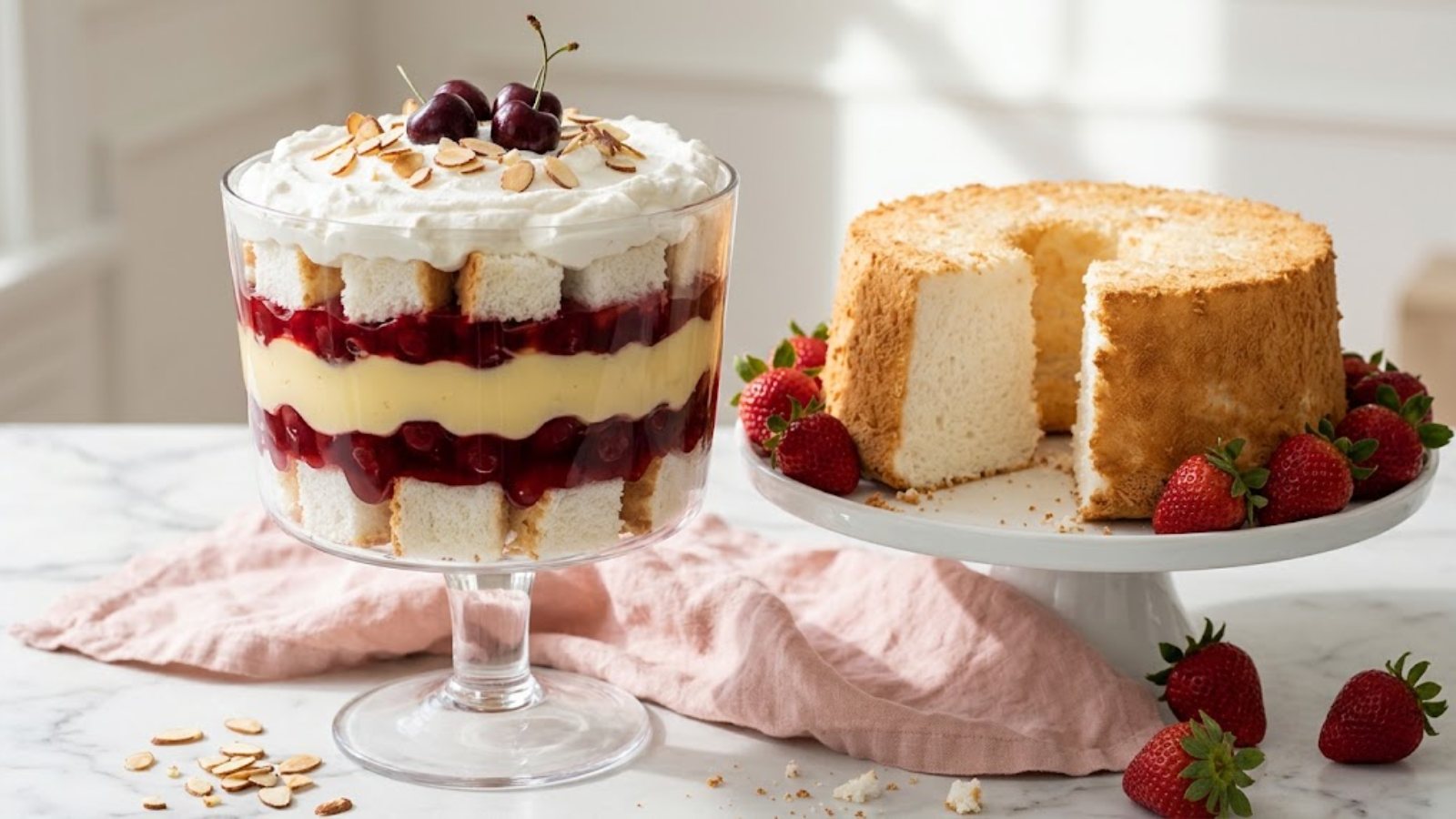 Angel food cake desserts: Heaven on Earth cake trifle with cherry filling and an angel food cake on a stand