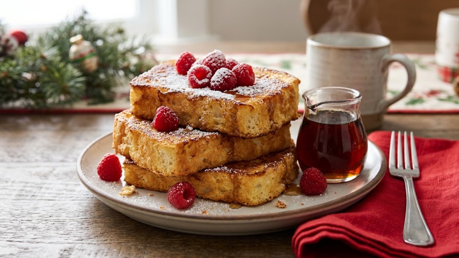 Angel food cake desserts: angel food French toast with raspberries and maple syrup