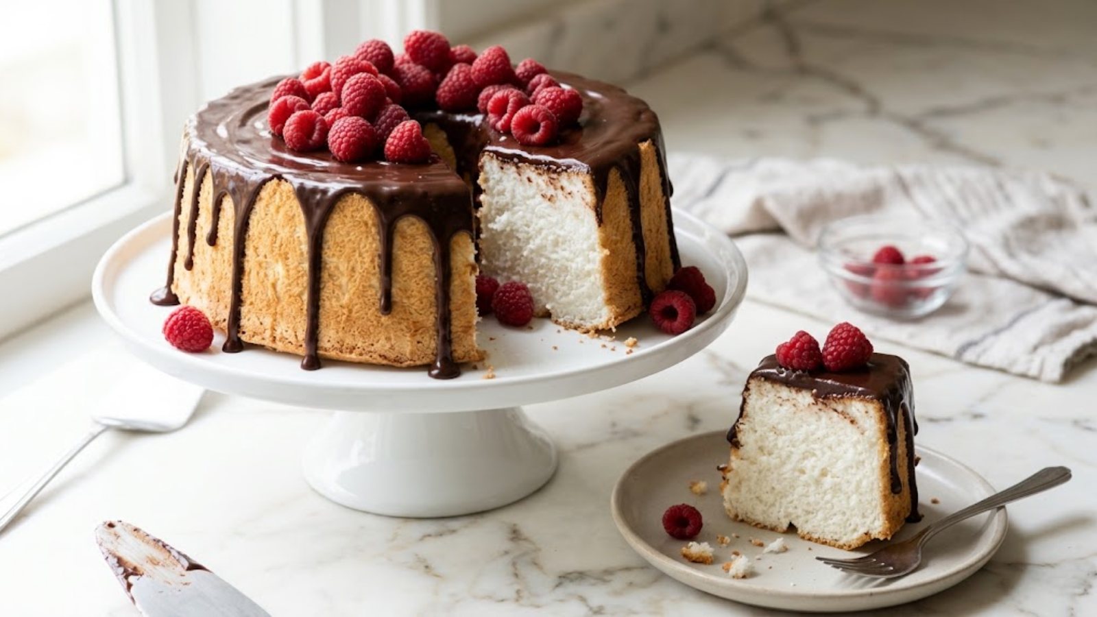 Angel food cake with dripping chocolate ganache and raspberries in the center