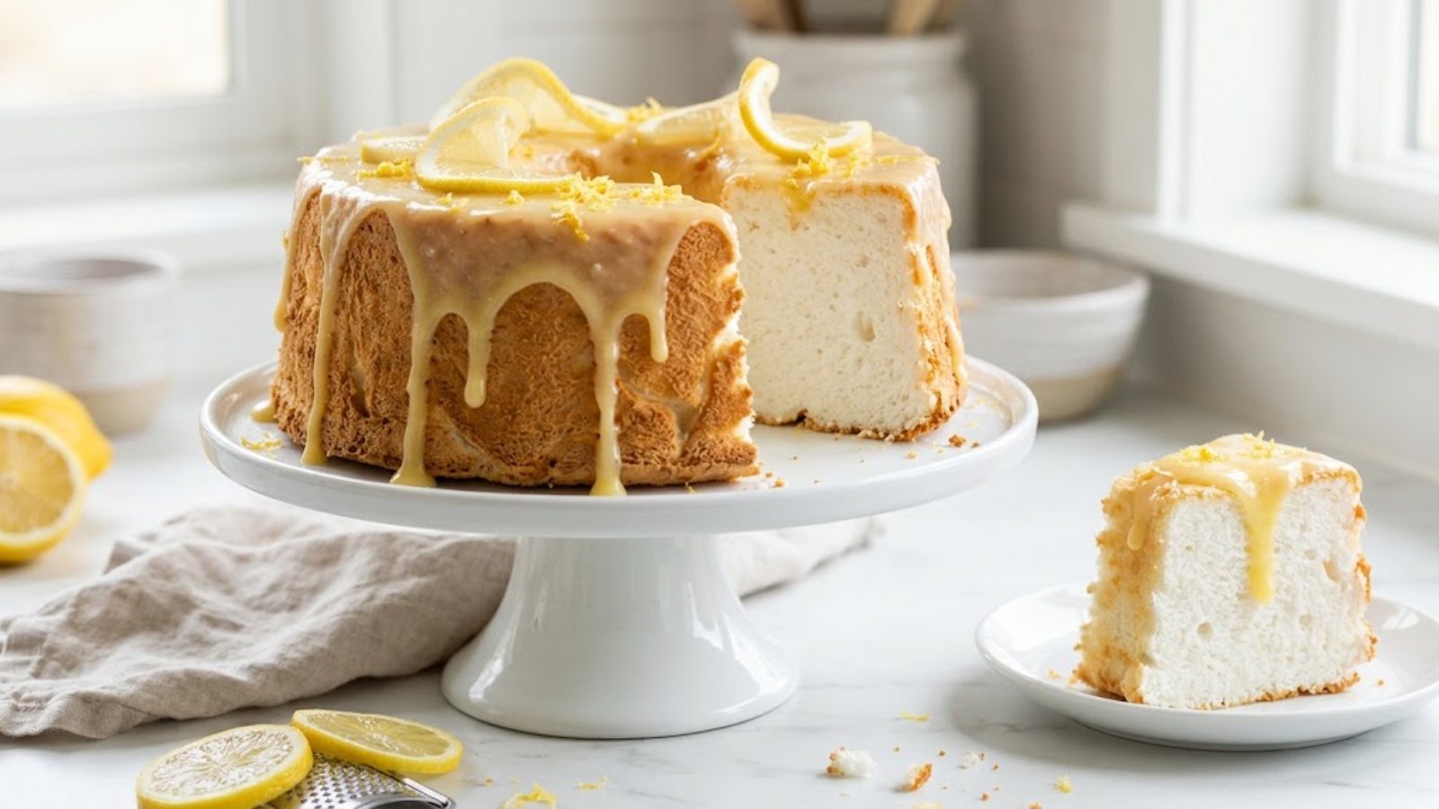 Angel food cake desserts: lemon angel food cake with a glossy lemon curd glaze