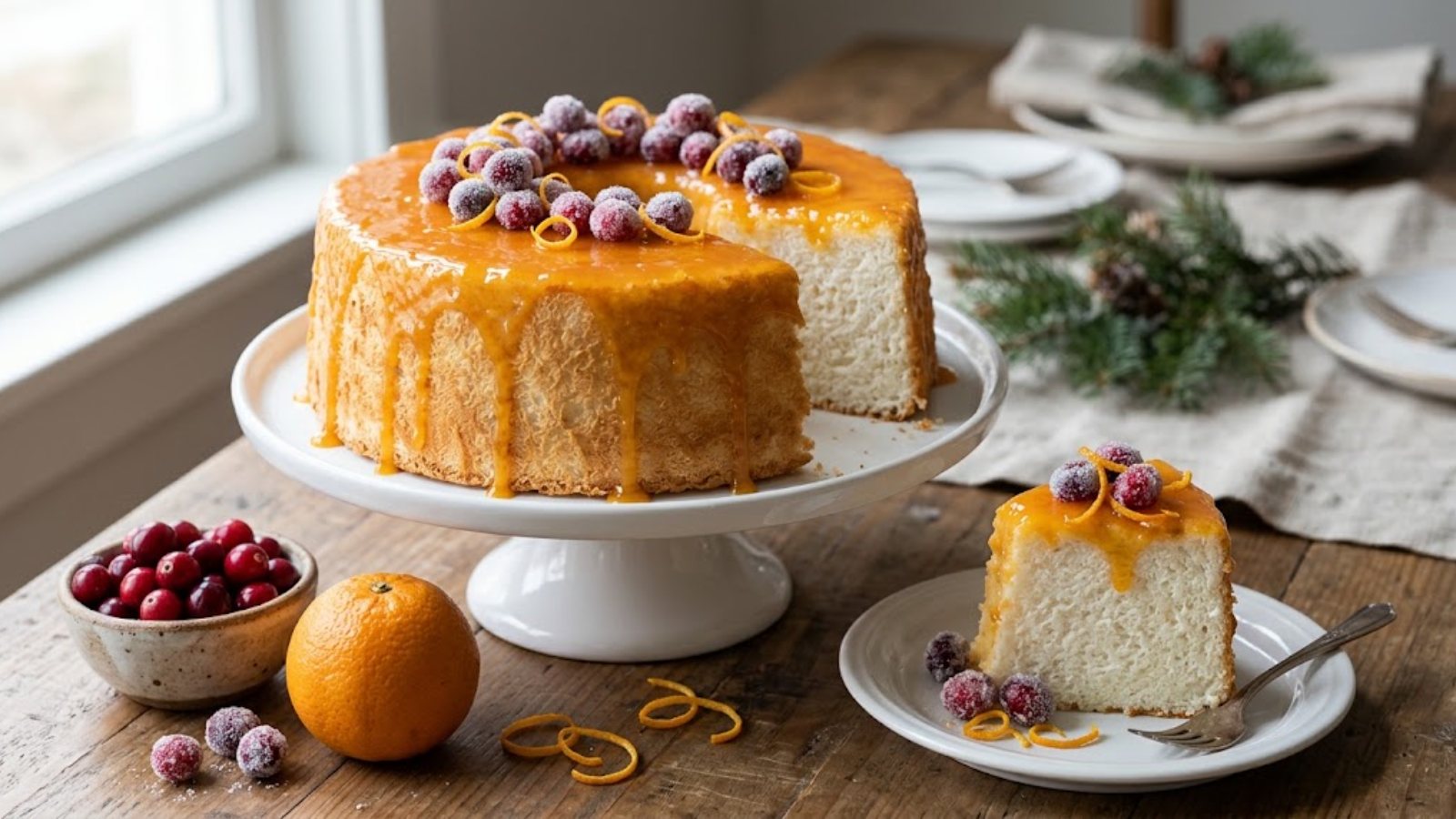 Angel food cake desserts: orange glazed cake with sugared cranberries on a stand