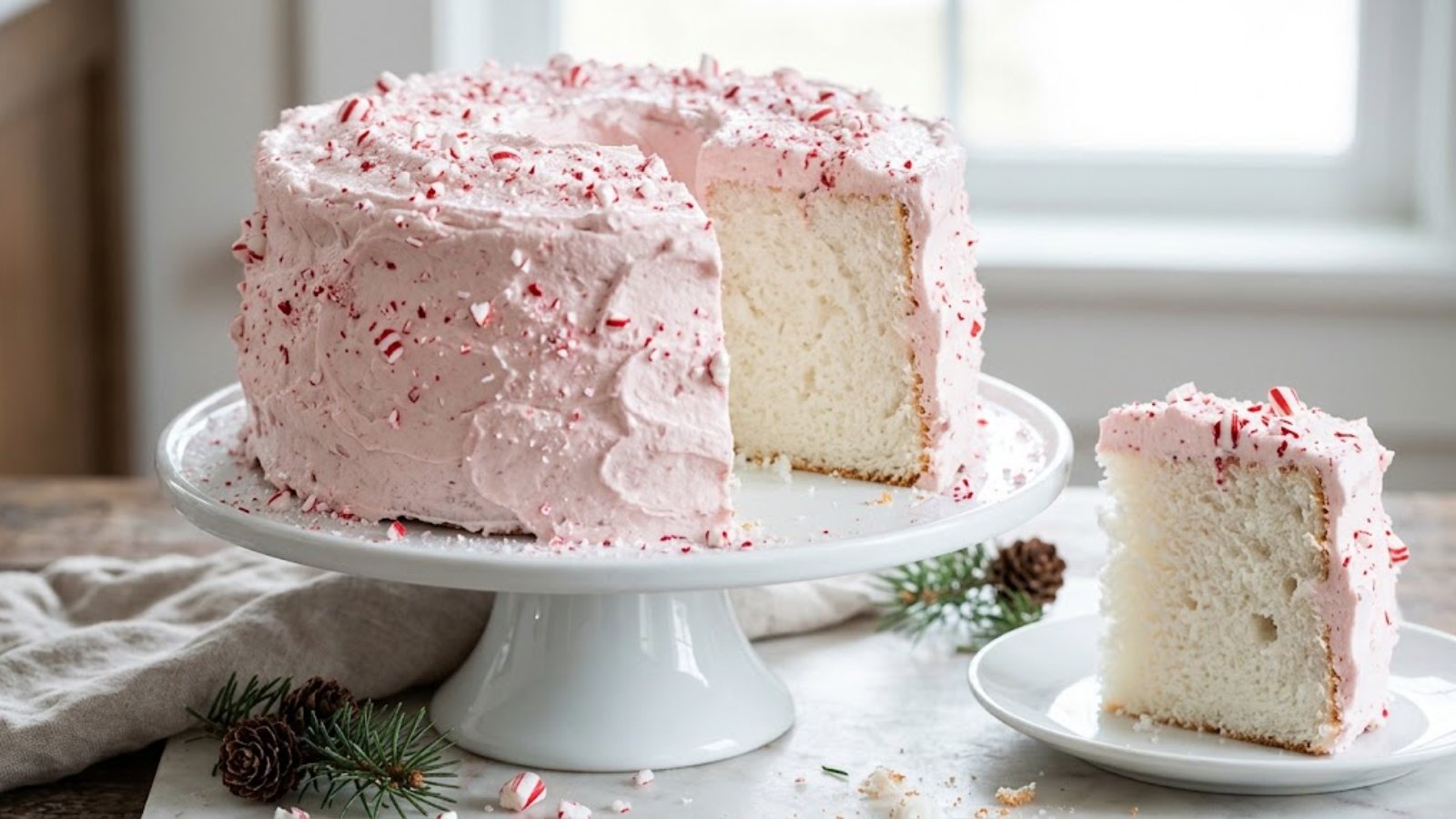 Peppermint cake with pink whipped cream and crushed candy