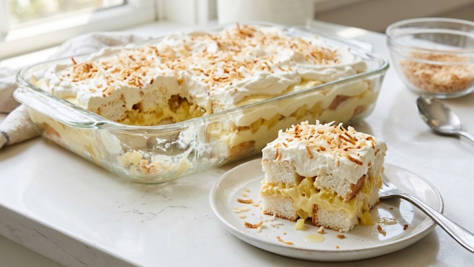 Angel food cake desserts: pineapple coconut icebox dessert in a glass dish