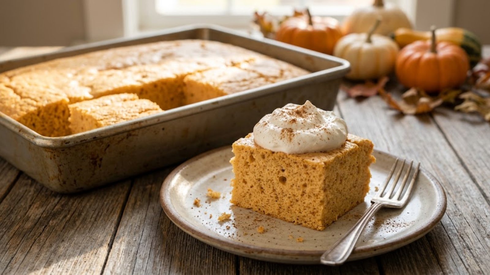 Two-ingredient pumpkin angel food cake squares with whipped cream