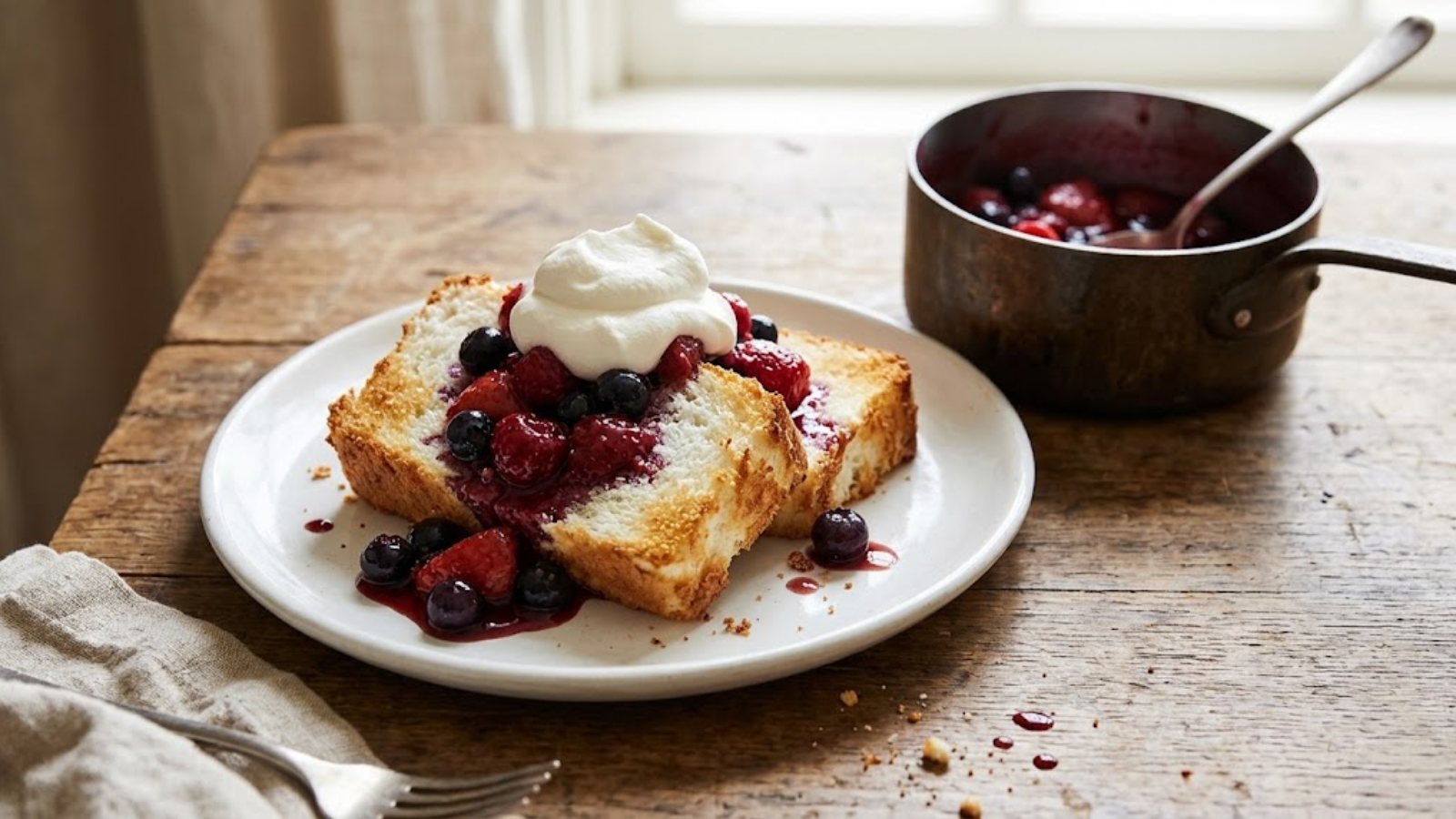 Toasted cake slices with warm berry compote and whipped cream