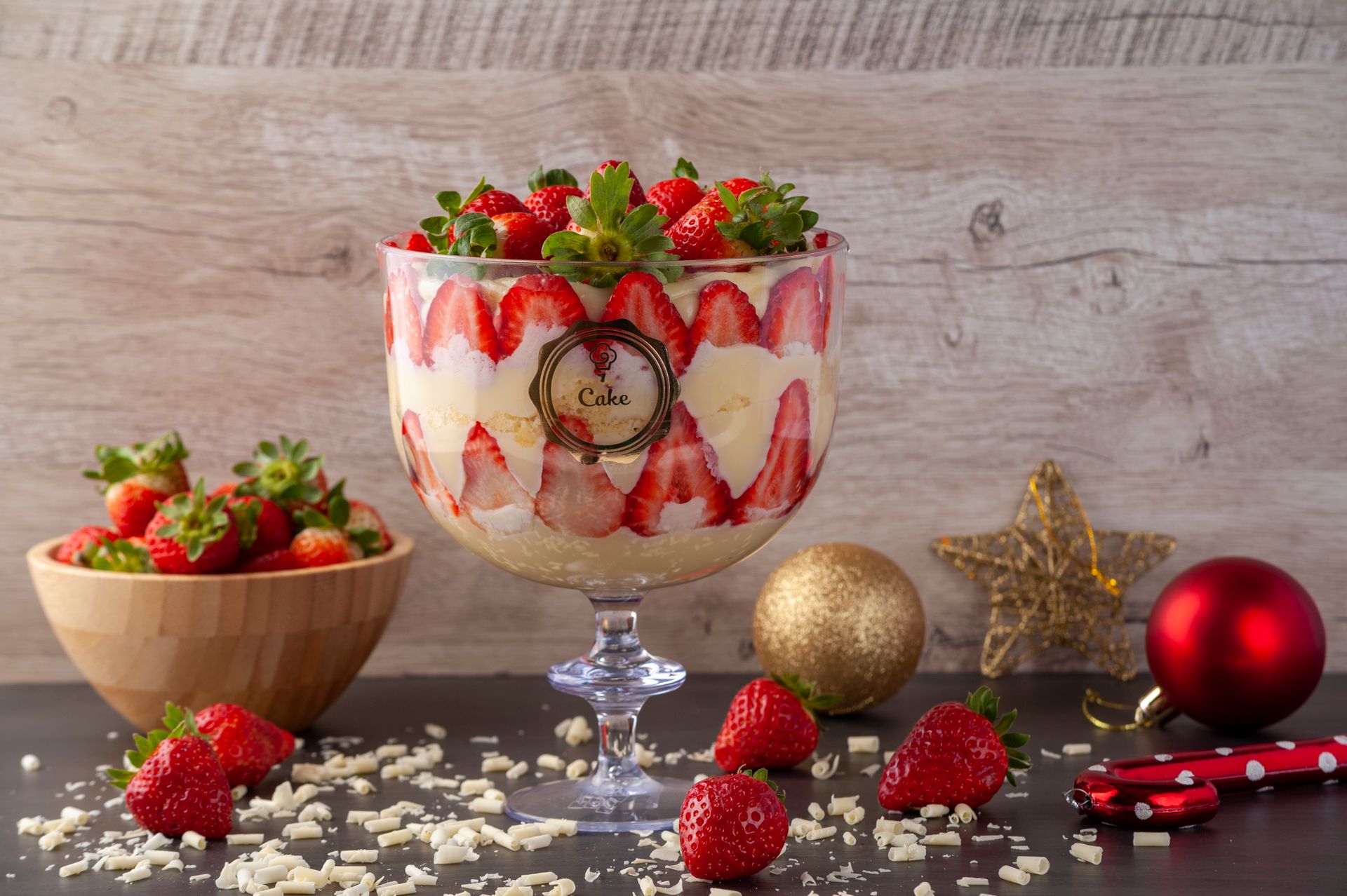 Angel food cake desserts: strawberry trifle in a glass bowl
