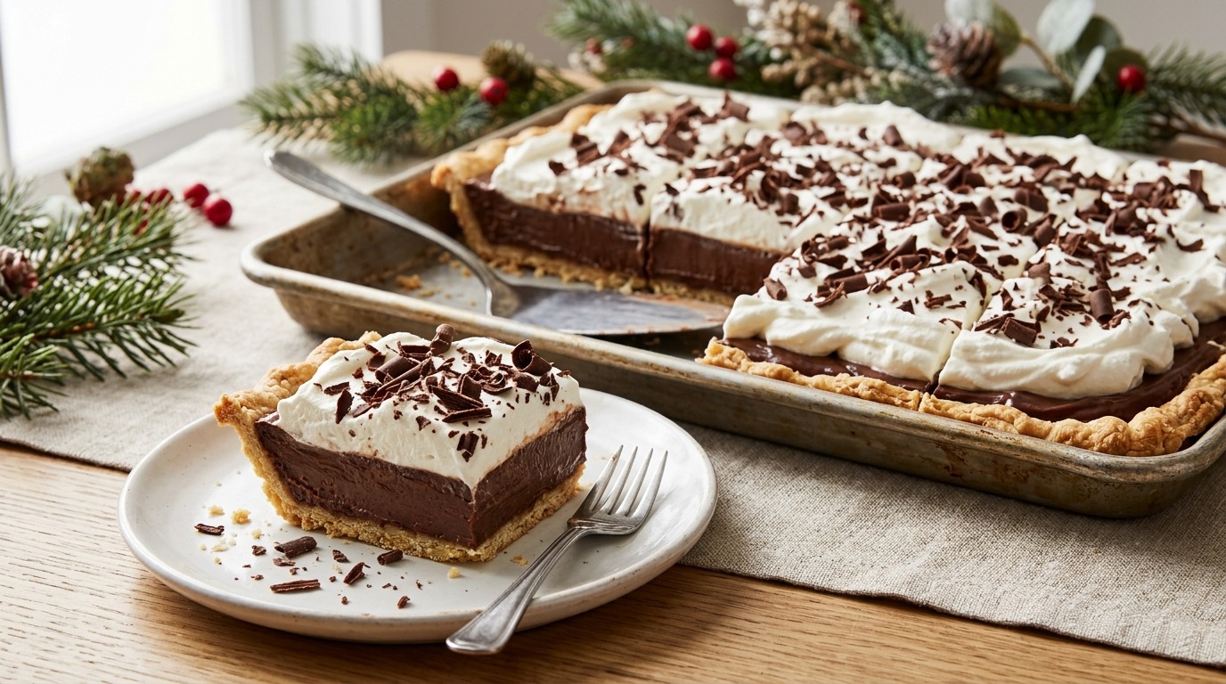Chocolate cream pie squares topped with whipped cream