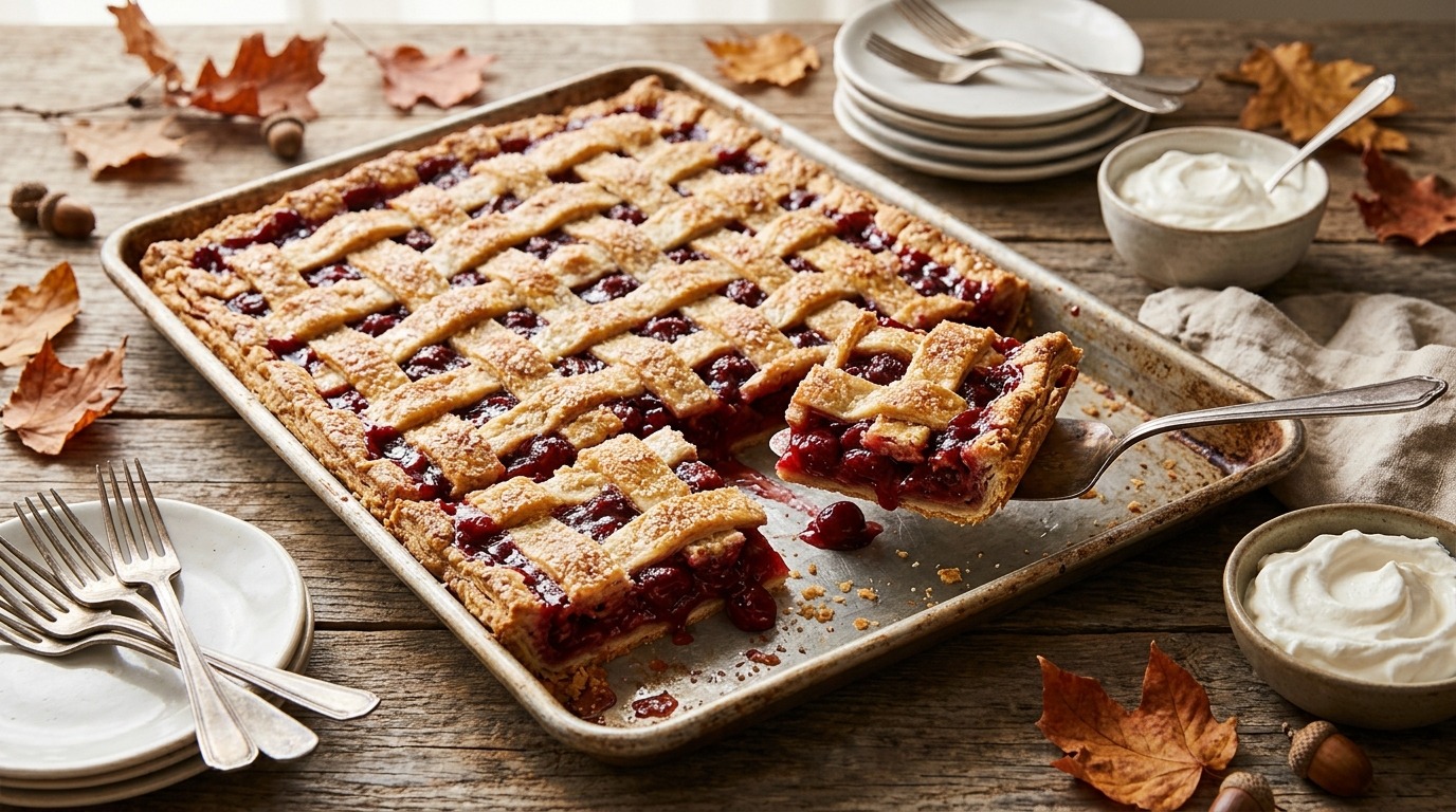 Slab pies for a crowd: cherry lattice slab pie in a sheet pan with squares cut out