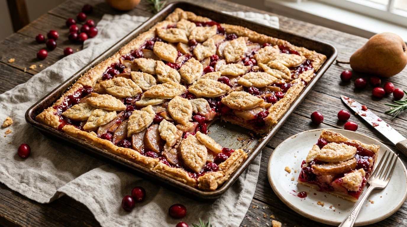 Cranberry and pear sheet pan pie with leaf-shaped pastry