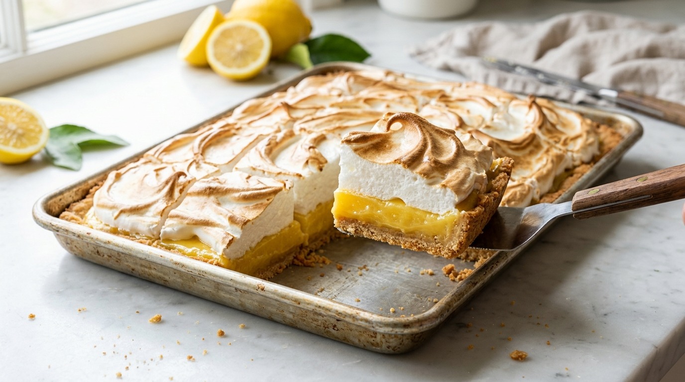 Lemon meringue slab pie in a sheet pan with a square lifted out