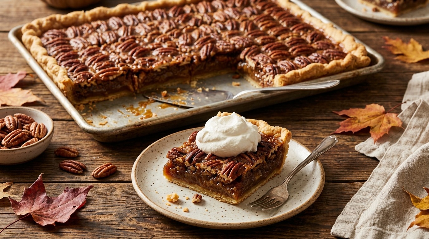 Pecan slab pie in a sheet pan with one square served with whipped cream