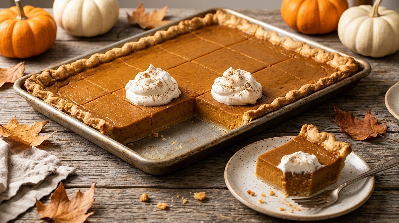 Pumpkin custard pie in a rectangular pan cut into squares