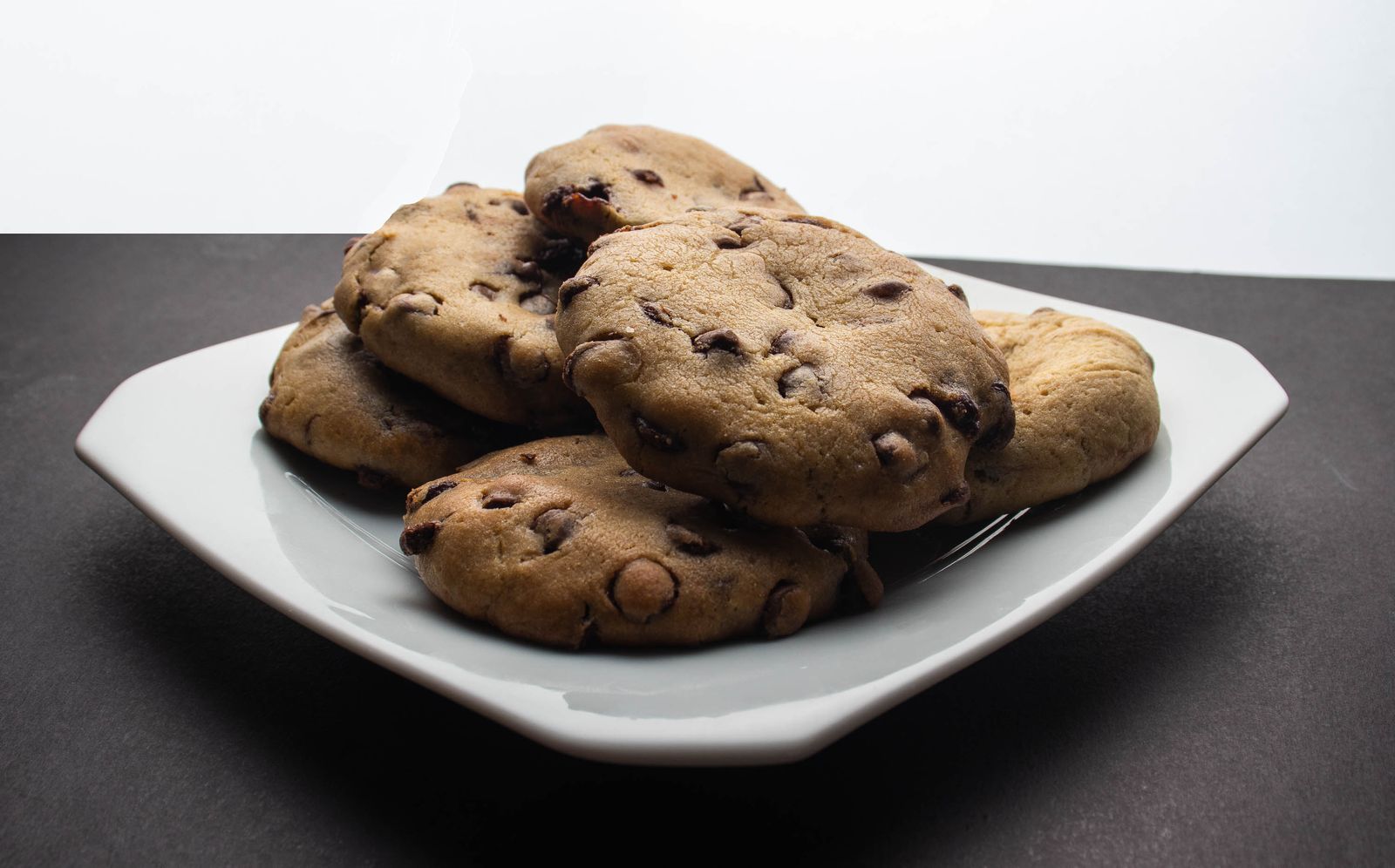 Chocolate chip cookies on a white plate