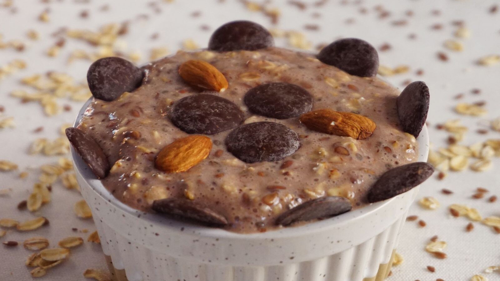 Baked oatmeal with chocolate in a small ramekin