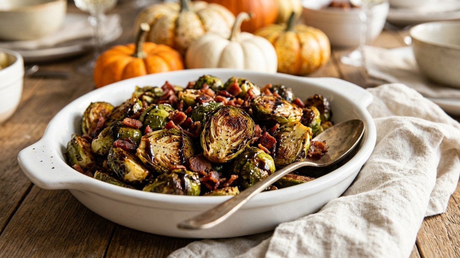 Air fryer hacks: crispy Brussels sprouts with bacon on a Thanksgiving table