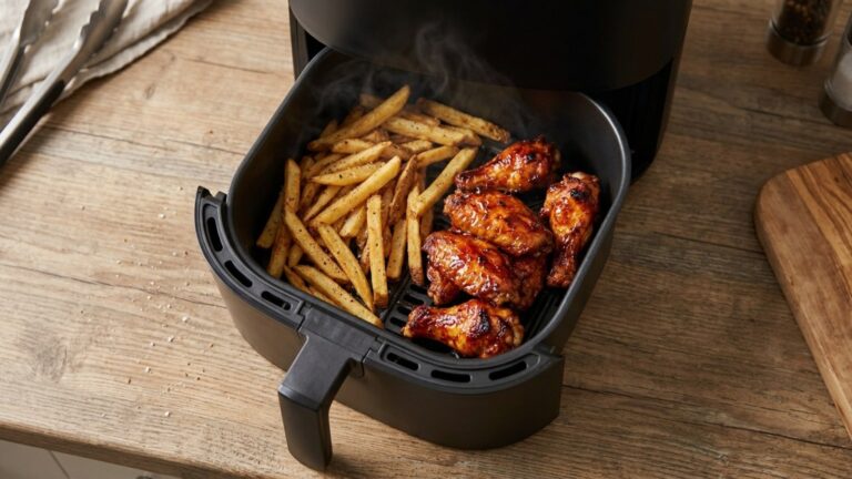 Air fryer hacks: open basket with crispy fries and glazed chicken wings
