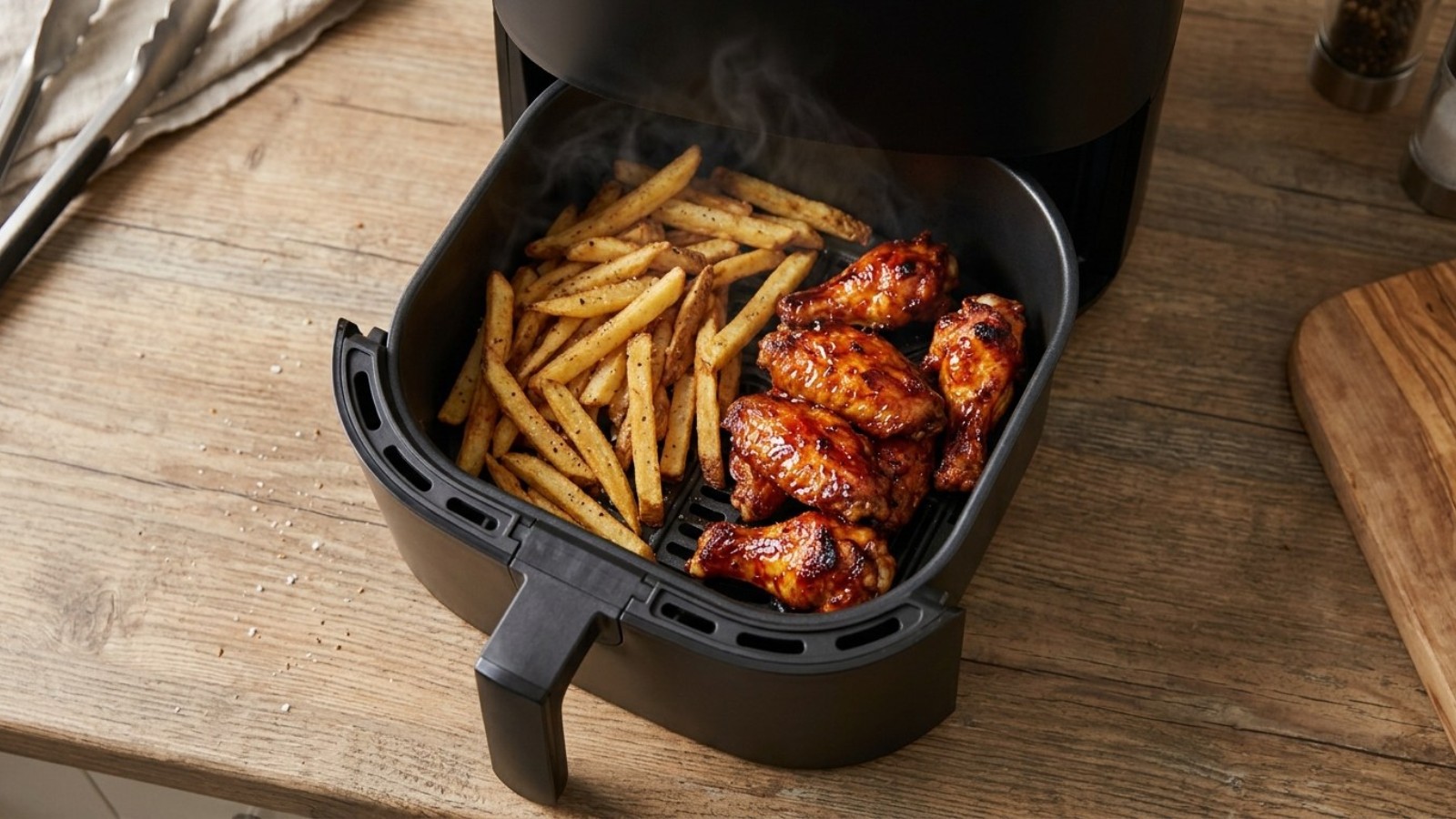 Air fryer hacks: open basket with crispy fries and glazed chicken wings