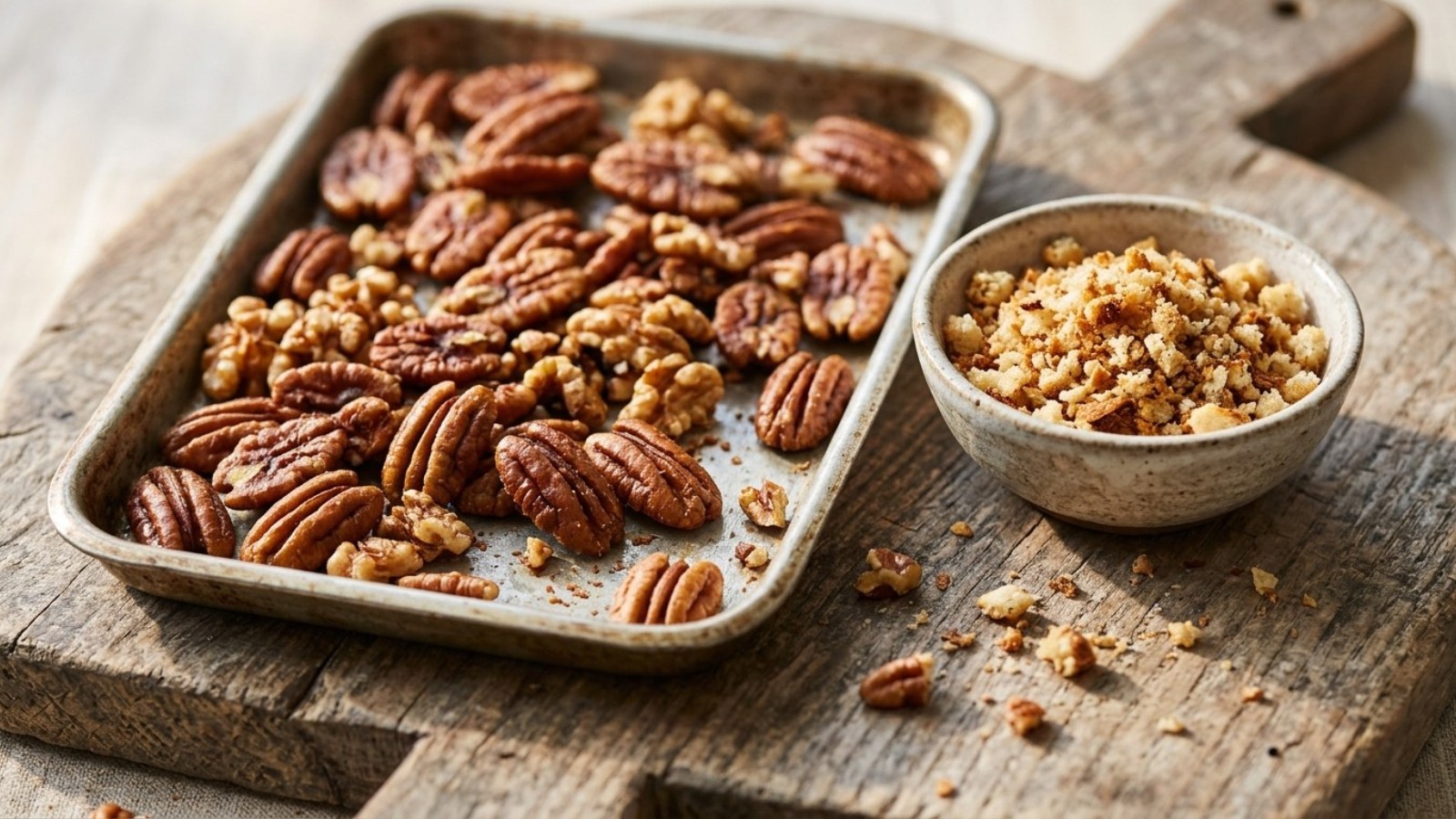Toasted pecans and walnuts on a tray with a bowl of breadcrumbs