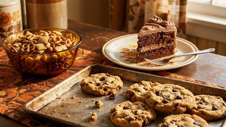 Back of the box recipes: chocolate chip cookies, party mix and chocolate cake on a retro kitchen table