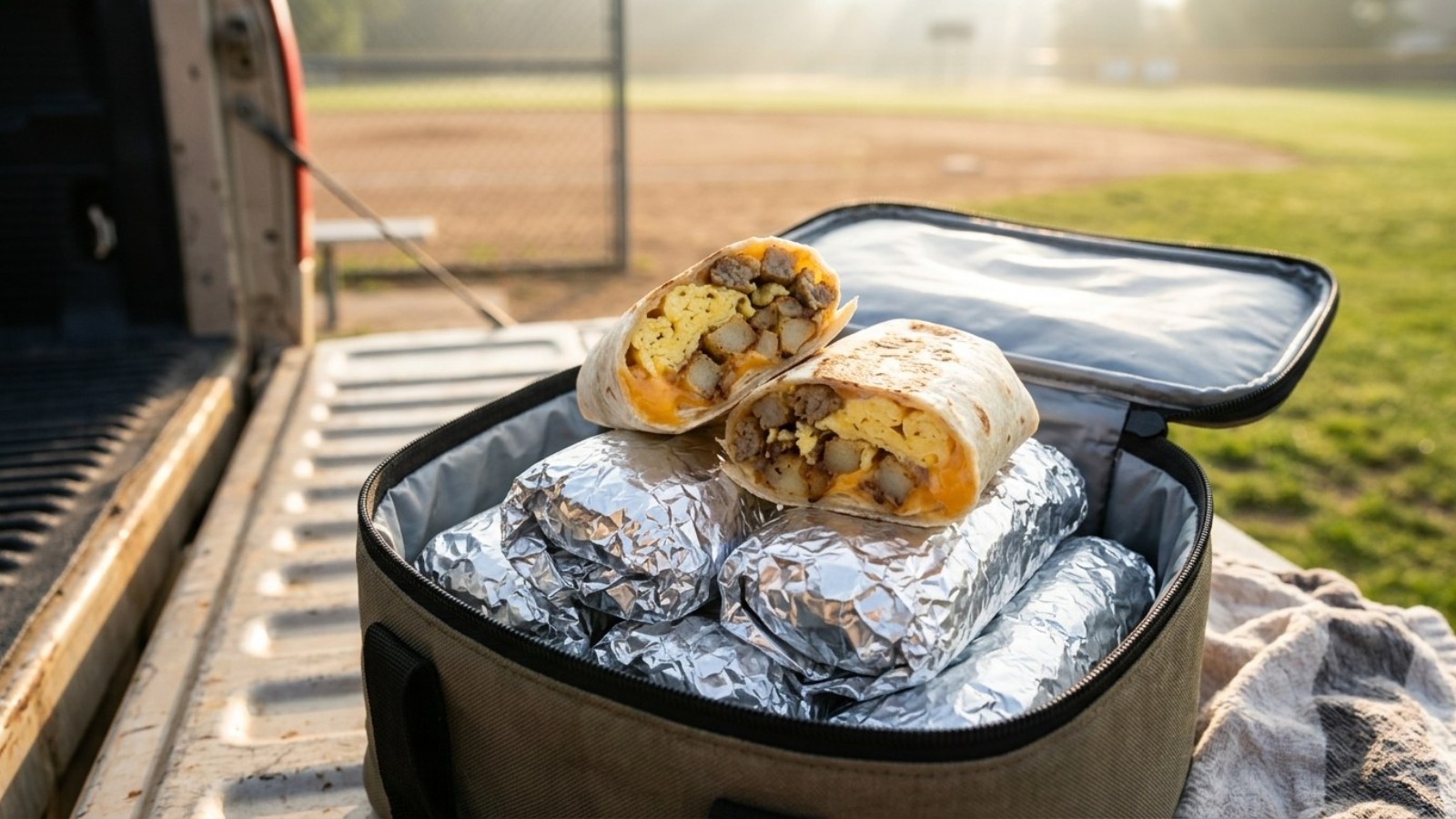 Team snacks for kids: foil-wrapped breakfast burritos in a cooler bag at a baseball field