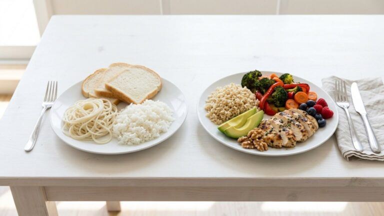 Cardiologist food rule: a plate of white bread, rice and pasta next to a colorful plate of brown rice, chicken and vegetables