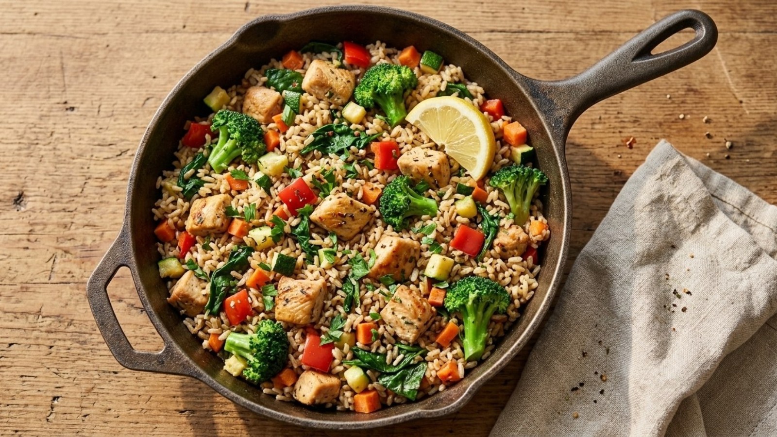 Brown rice, chicken and vegetable skillet with a lemon wedge