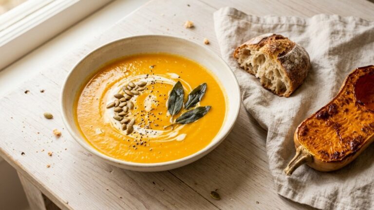 Butternut squash soup in a ceramic bowl with a swirl of cream, pumpkin seeds and crispy sage
