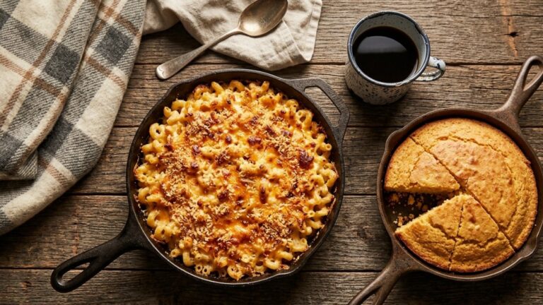 Civil War recipes: baked macaroni and cheese and skillet cornbread on a rustic wooden table