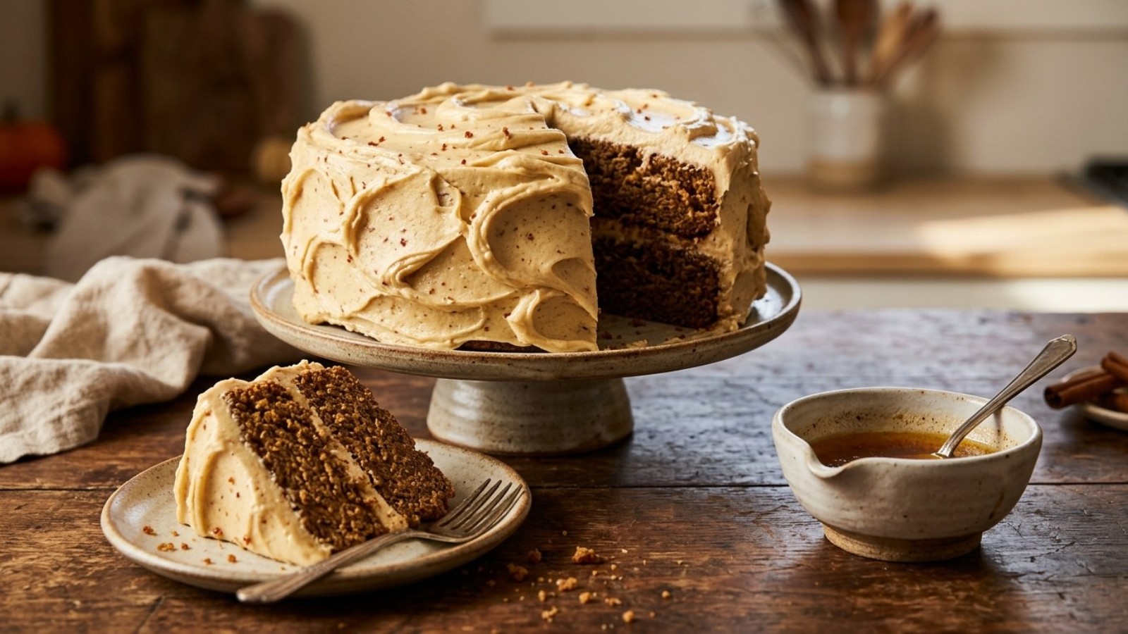 Frosting recipes: spice cake with brown butter frosting and a cut slice
