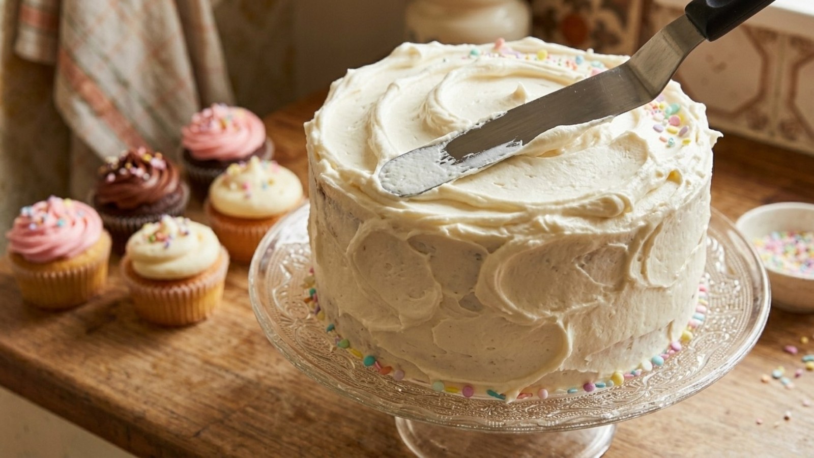 Frosting recipes: fluffy vanilla buttercream swirled on a layer cake with frosted cupcakes behind