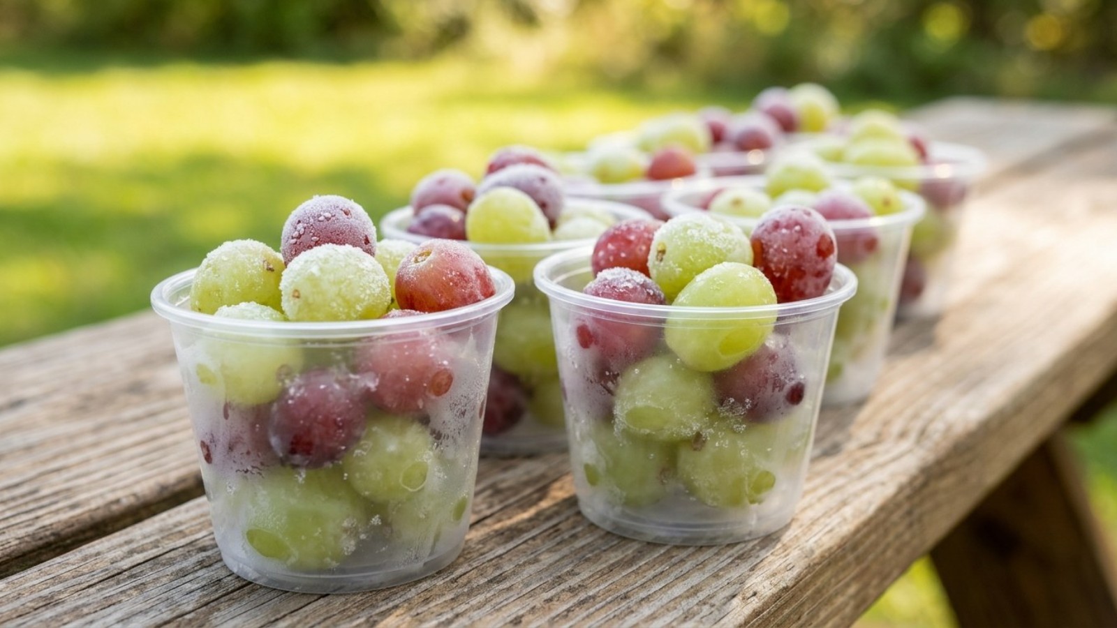 Frozen grapes in clear snack cups on a picnic table