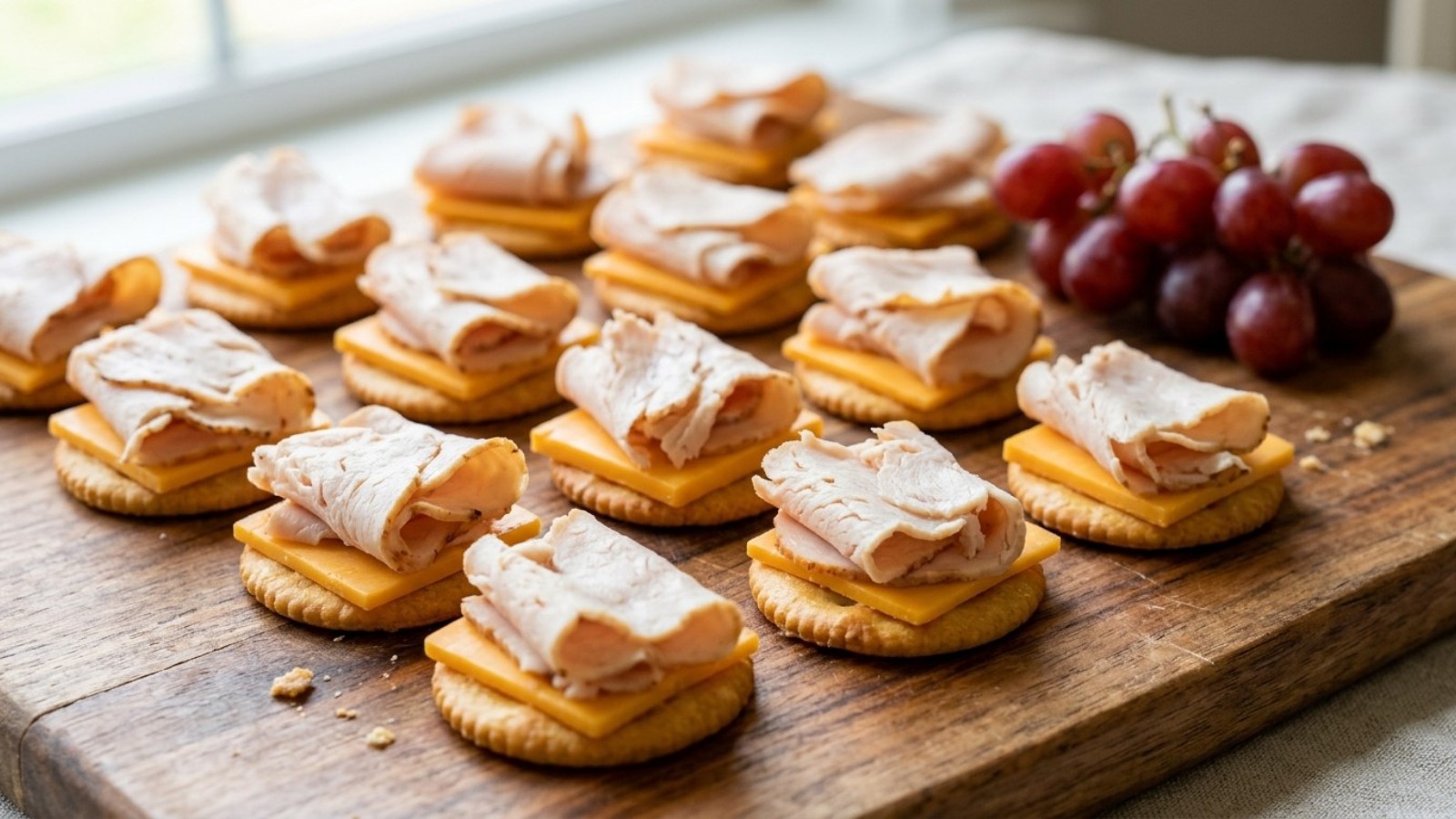 Cheese and cracker stacks with turkey on a wooden board