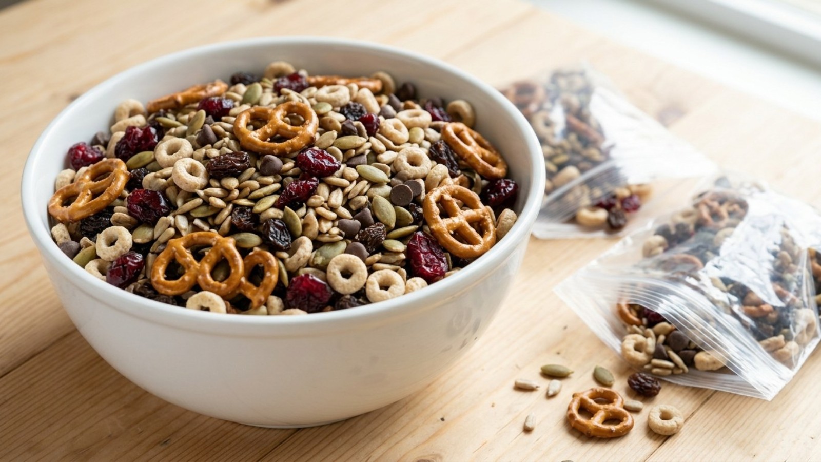 Team snacks for kids: nut-free trail mix with pretzels, seeds and raisins