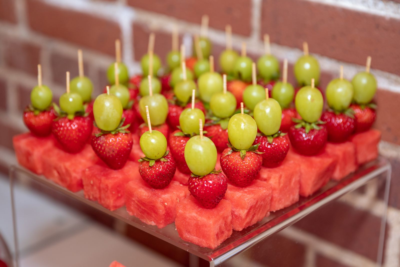 Fruit kabobs with watermelon, strawberries and grapes