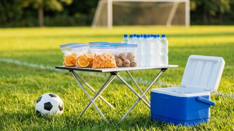 Team snacks for kids: snack bags, water bottles and a cooler on a soccer field sideline