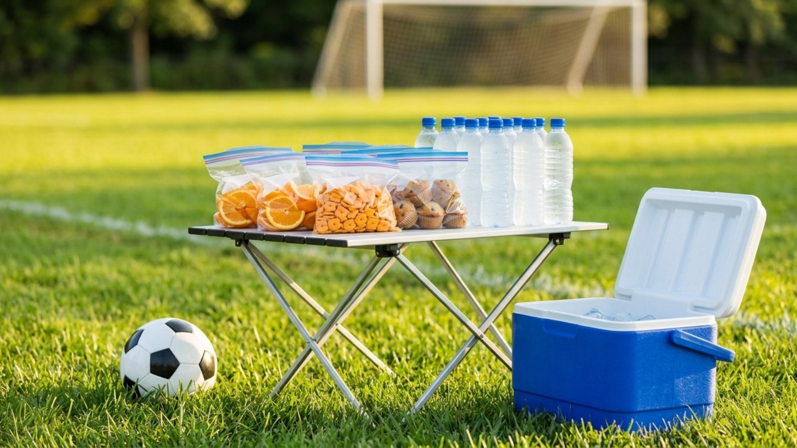 Team snacks for kids: snack bags, water bottles and a cooler on a soccer field sideline