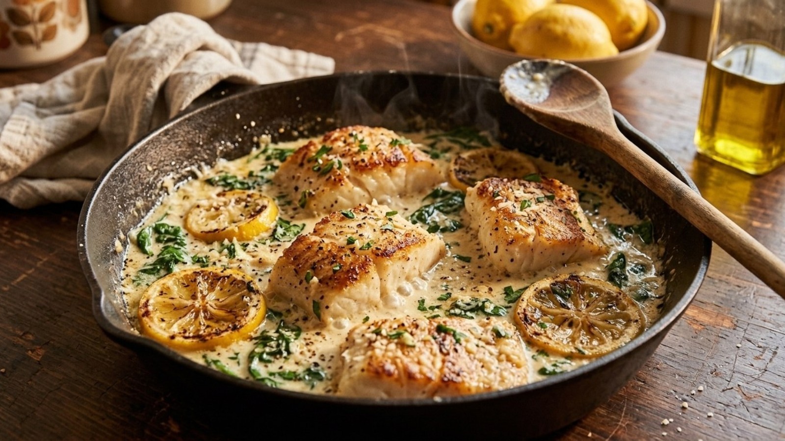 White fish recipes: seared cod fillets in a creamy garlic sauce with spinach and lemon