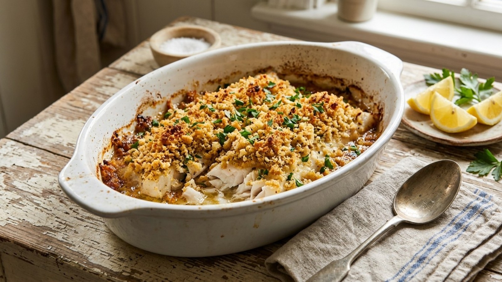 Baked haddock with a golden buttery crumb topping