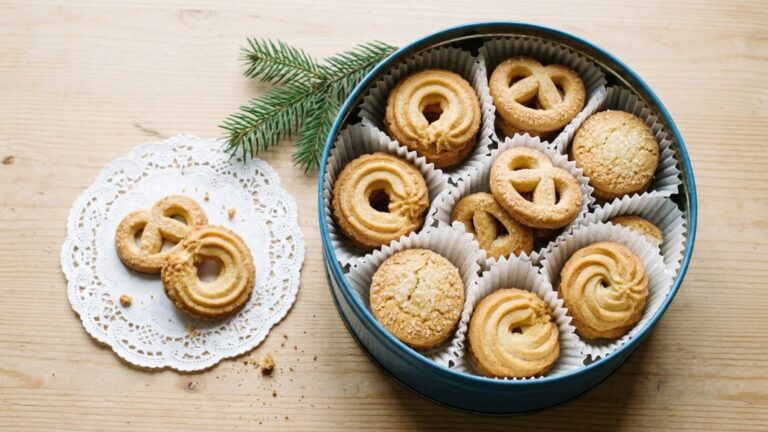 Butter cookies in a blue holiday tin