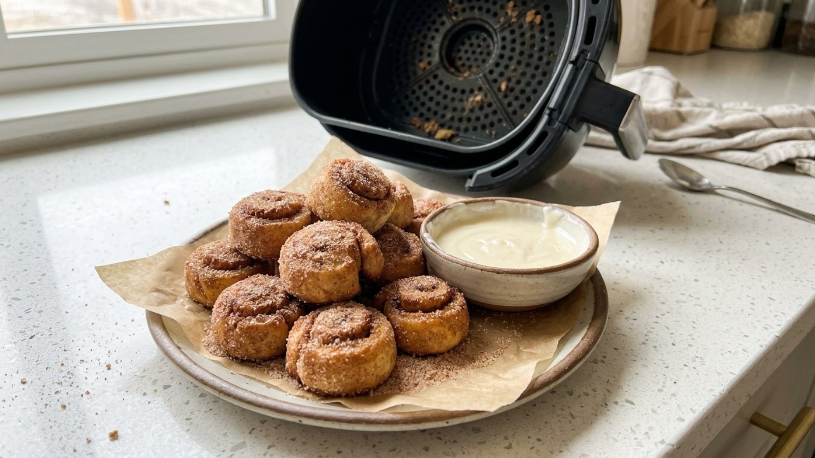 Canned cinnamon roll hacks: golden air fryer cinnamon roll bites with icing for dipping