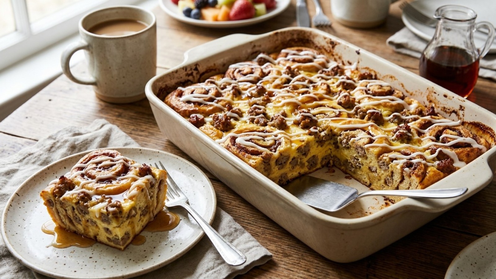 Canned cinnamon roll hacks: breakfast casserole with sausage and icing