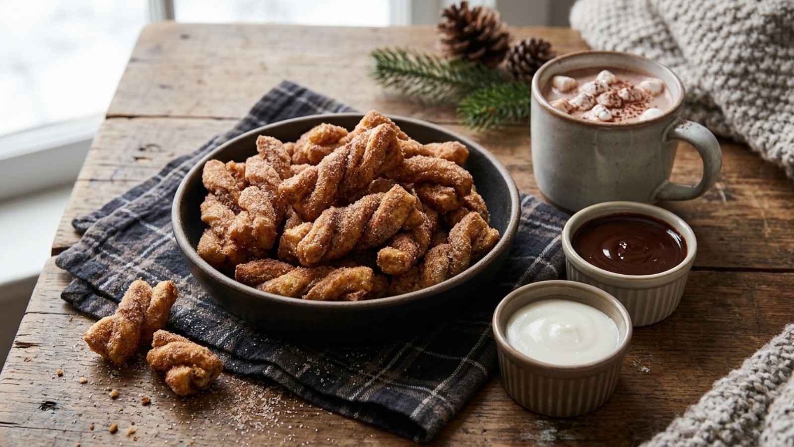 Churro bites coated in sugar with a chocolate dip