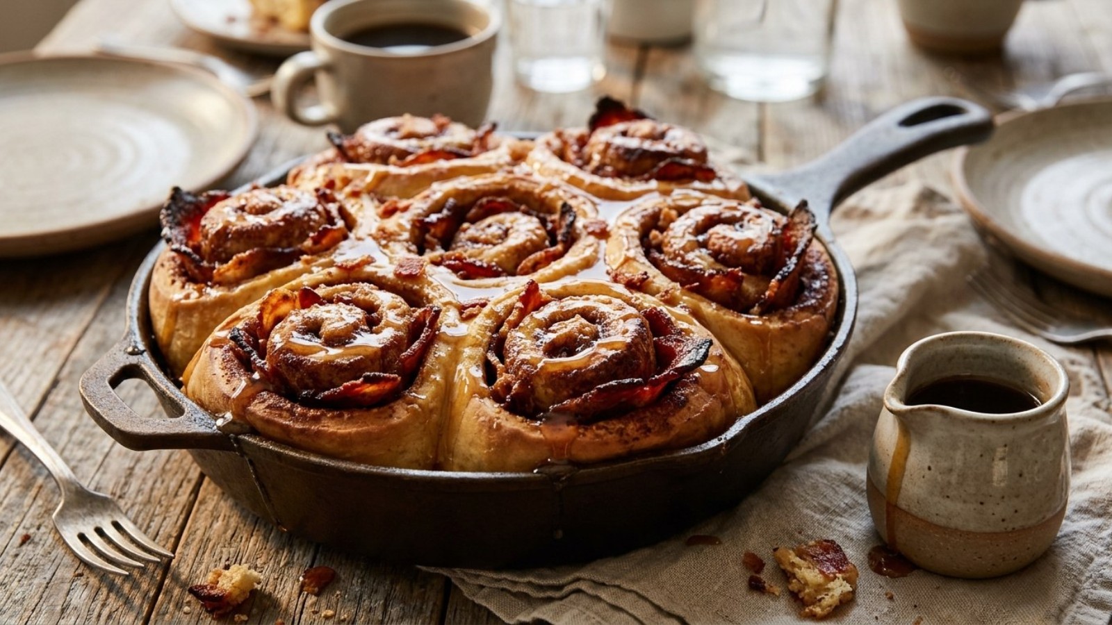 Maple glazed buns with crispy bacon swirled inside