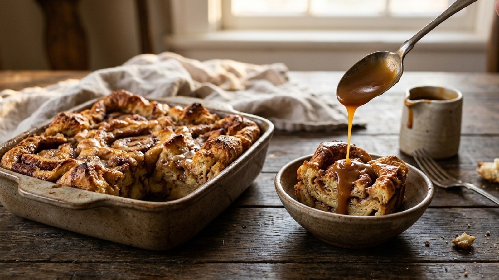 Warm bread pudding with a crisp golden top and caramel