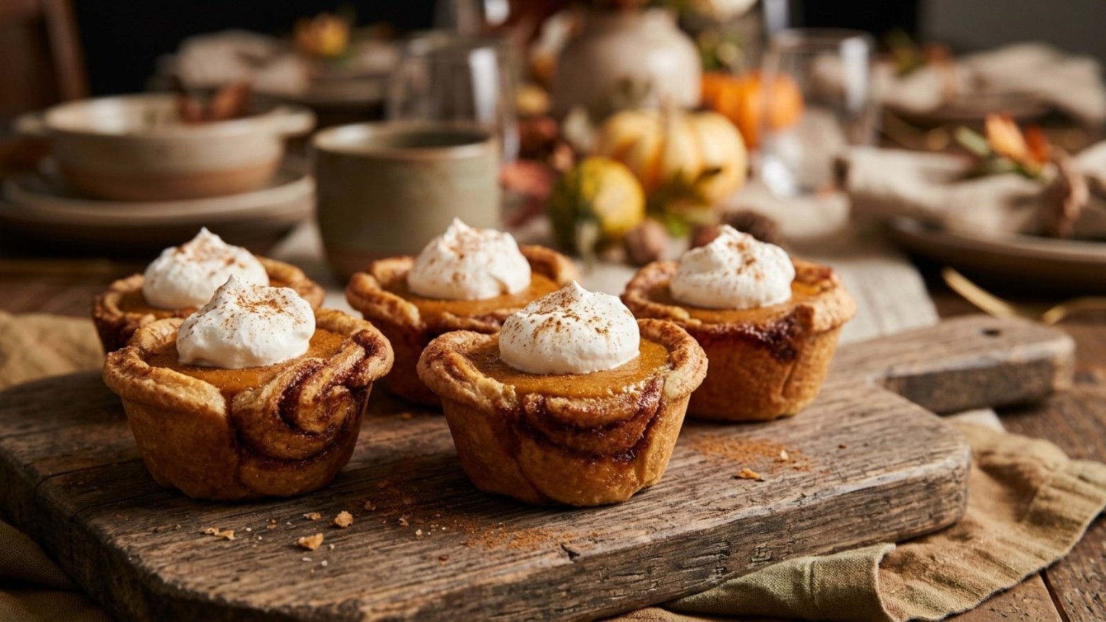 Canned cinnamon roll hacks: pumpkin pie filled cinnamon roll cups with whipped cream