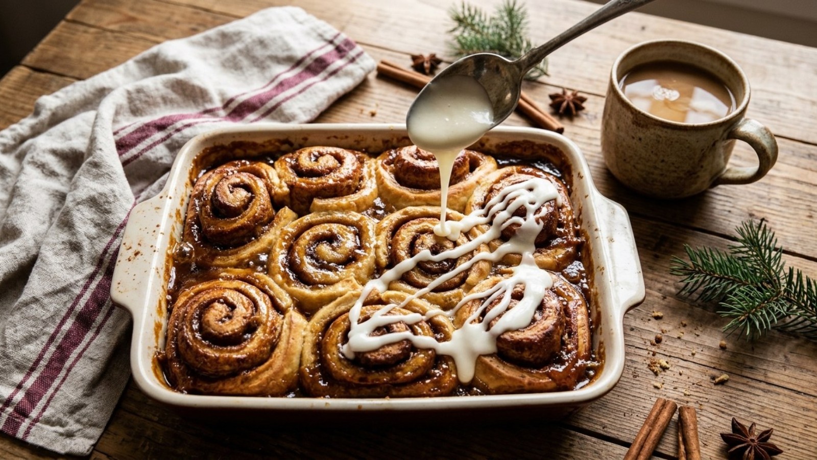 Canned cinnamon roll hacks: puffy cinnamon rolls baked in cream and brown sugar with icing drizzled on top