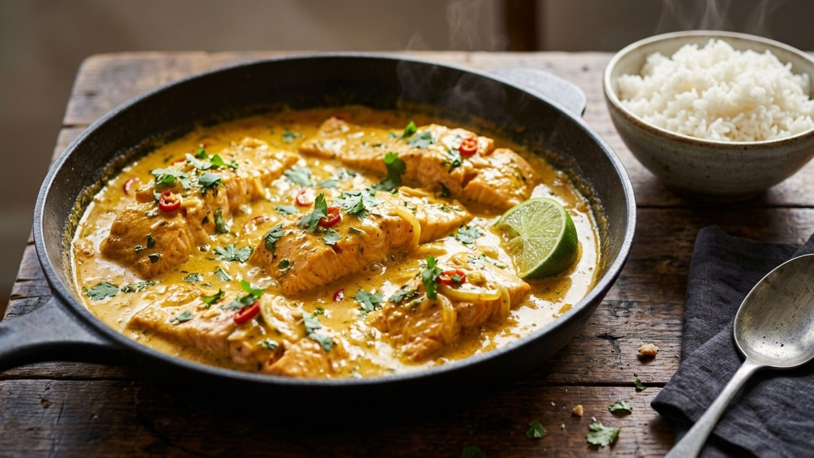 Fish pieces simmered in a golden coconut curry with lime and rice