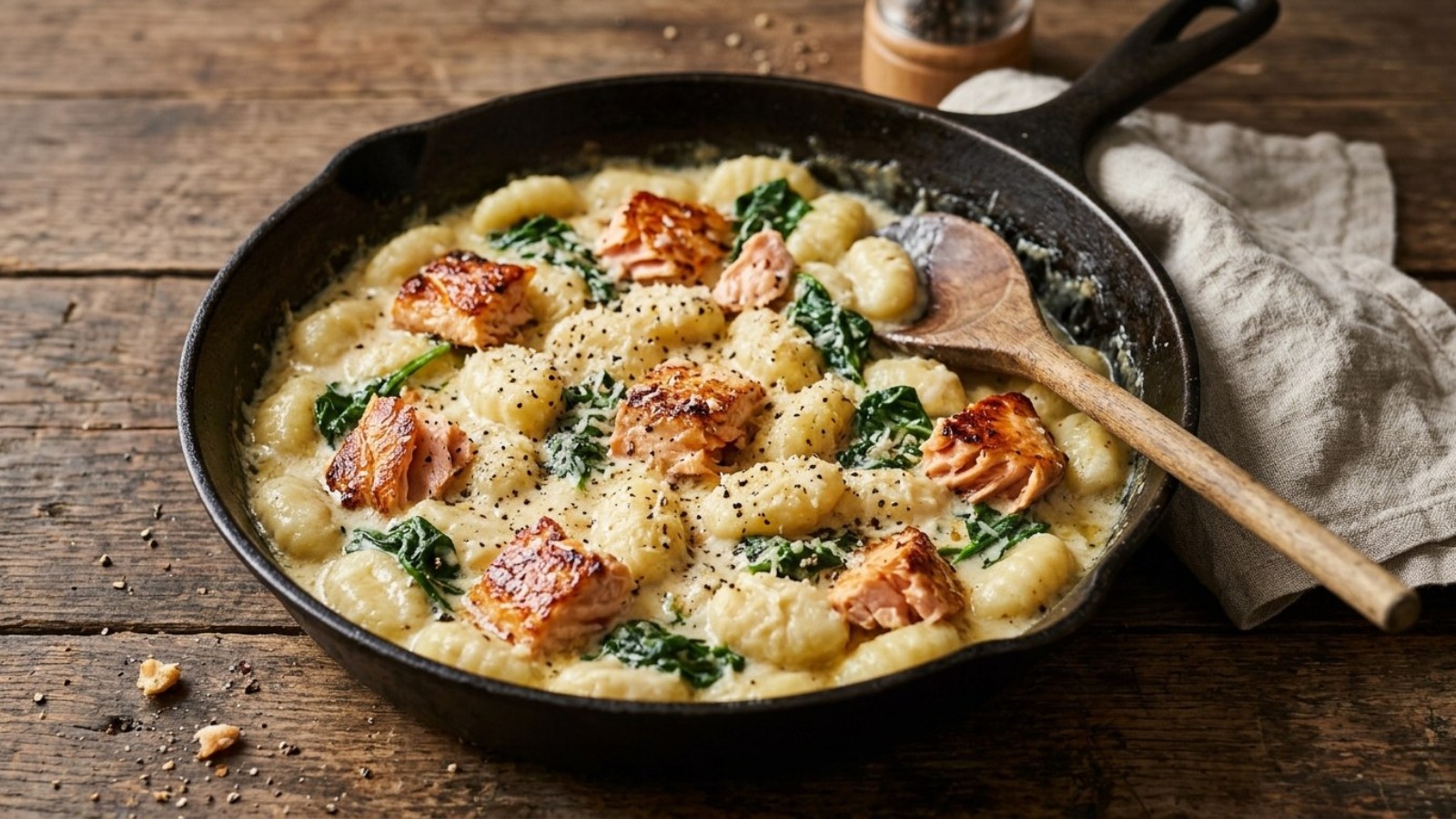 Creamy salmon gnocchi in a skillet with spinach and parmesan